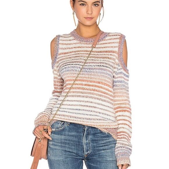 Rebecca Minkoff Page Merino Alpaca Blend Chalk Stripe Cold Shoulder Sweater C32 - Picture 1 of 10